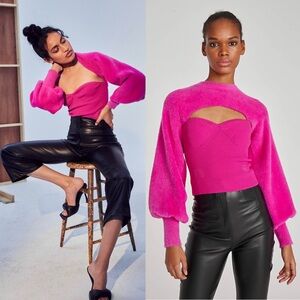 NEW AMUR Fuzzy Ballon Sleeve Rib Knit Cutout Sweetheart‎ Neck Bustier Sweater XS